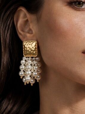 Hammered Gold and Pearl Cluster Drop Earrings - Elegant Statement Jewelry